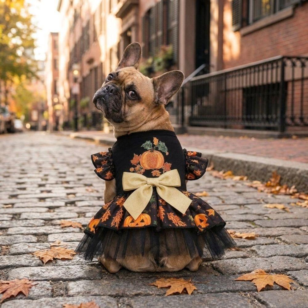 Pumpkin Print Pet Wizard Dress Big Bow Decor Pet Puff Sleeve Skirt Halloween Party