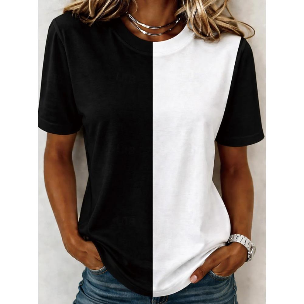 Moda Donna Retro Creativa Mezza Giunzione Stampa Maglietta Divertente Casual Girocollo Maniche Corte Maglietta Estiva Femminile Maglietta