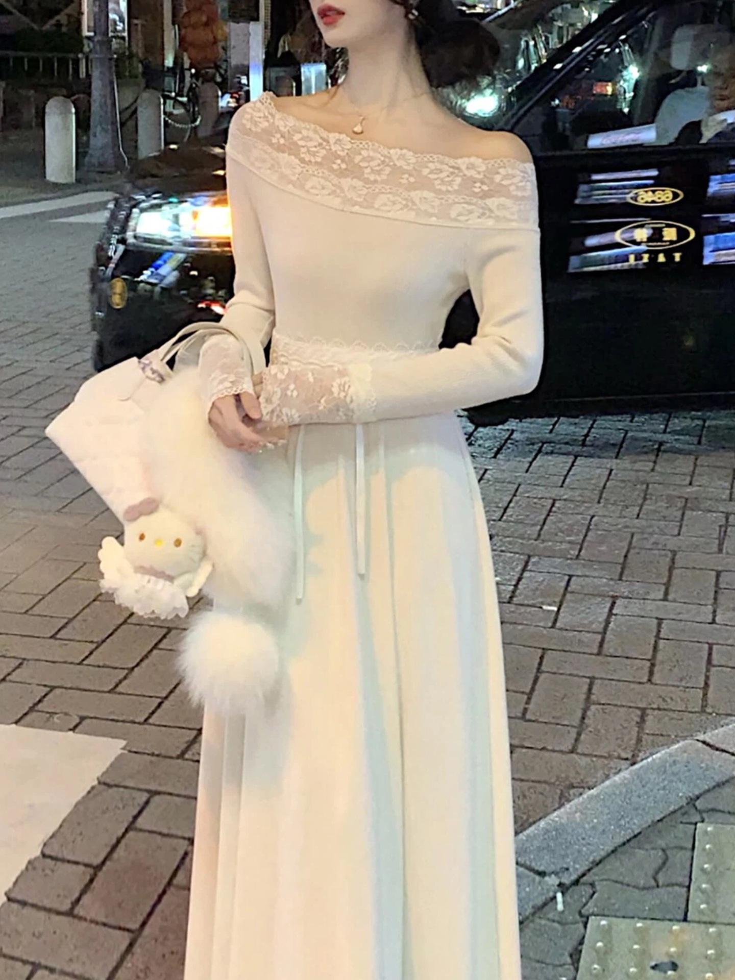 Cherry Blossom Knit One-Shoulder Dress - Women s Autumn/Winter Fashion, Elegant Inner Layer Skirt S