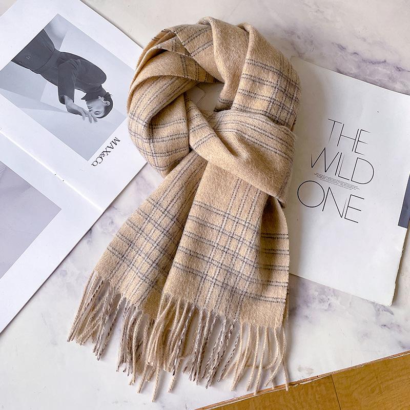 Cool blue pure wool scarf women's winter thickened plaid scarf men's long warm haze blue shawl