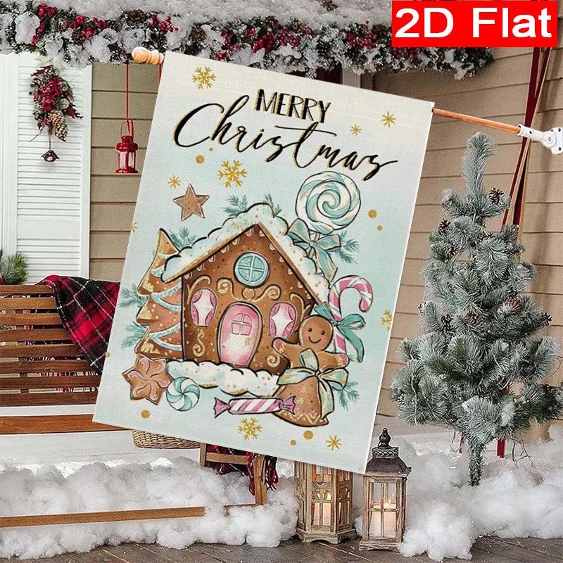 2D Flat, 2D Flat Christmas Gingerbread House Christmas Illustration Garden Flag- Outdoor Garden Flag Double-sided Home Decoration Courtyard Decoration