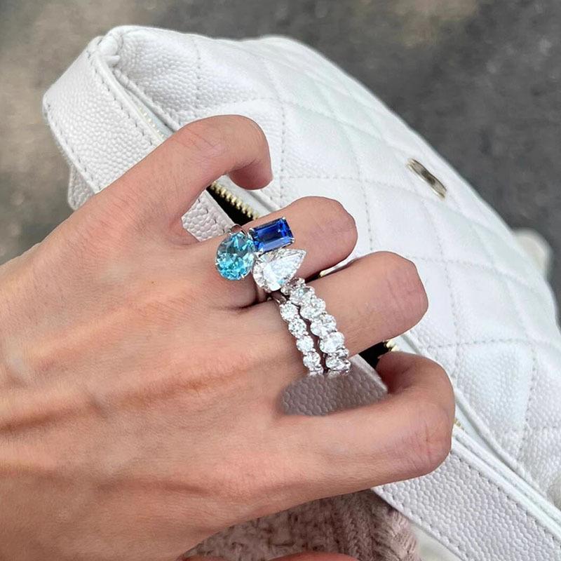 Hip hop style high-end three piece sparkling diamond rings clear blue water droplet index finger ring party  gifts