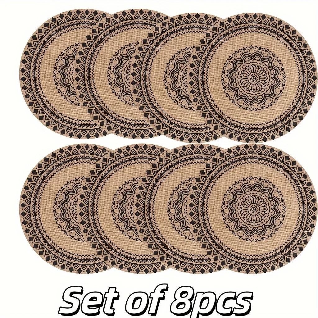 

8-Pack Bohemian Placemats, Round Printed Jute Table Mats for Dining Decor, Natural Woven Wipeable Set