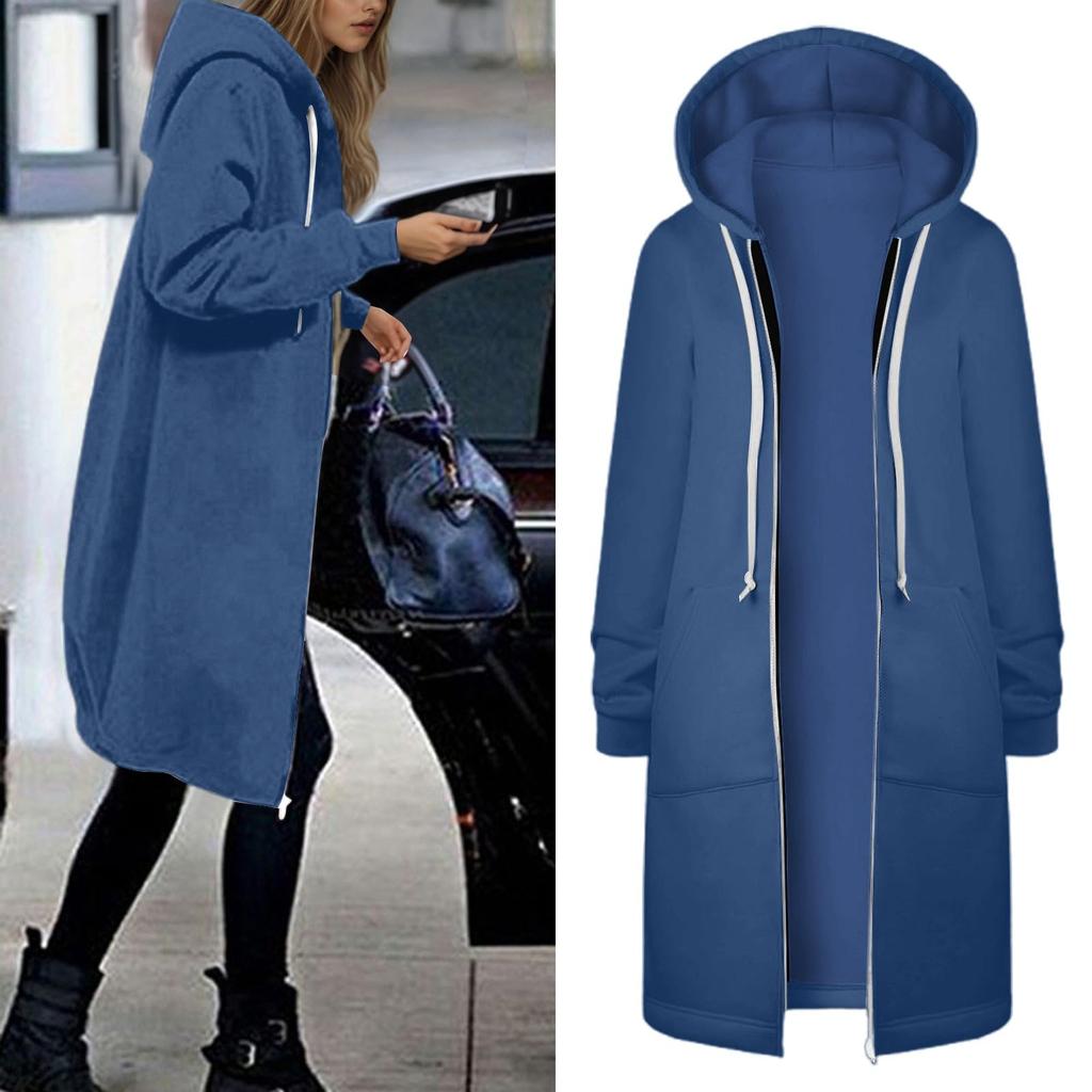 Women's Fashionable Solid Color Long Sleeved Pocket Long Hoodies Zipper Casual Coat Fall Jackets Sweatshirts Clothes