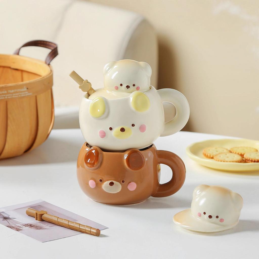 Bear Mugs with Lid High Appearance Level Ceramic Cups Creative Design Sense Milk Breakfast Cups Birthday Gifts Festival Presents