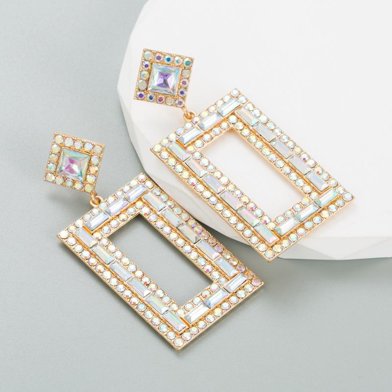 Womens Drop Exaggerated Mesh Earrings Red Rectangular Alloy Inlaid Color Crystal Advanced Geometric Earrings