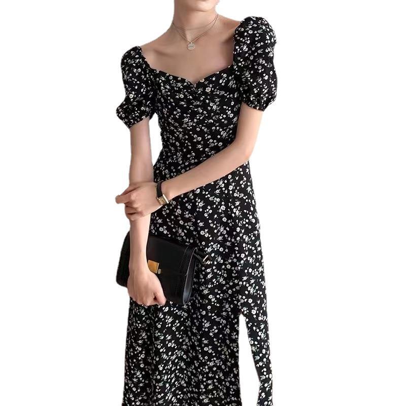 French floral dress women's summer square neck bubble sleeve split waist temperament coffee break long skirt