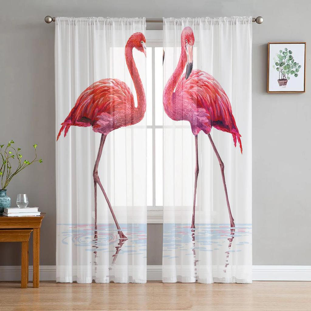 Flamingo Tropical Plant Flower Tulle Curtains Living Room Bedroom Kitchen Window Treatment Chiffon Curtain Blinds Light Filtering Polyester Great