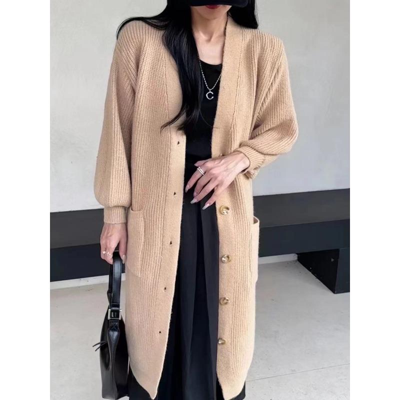 Autumn new solid color loose lazy wind pocket knitted cardigan long casual sweater jacket women