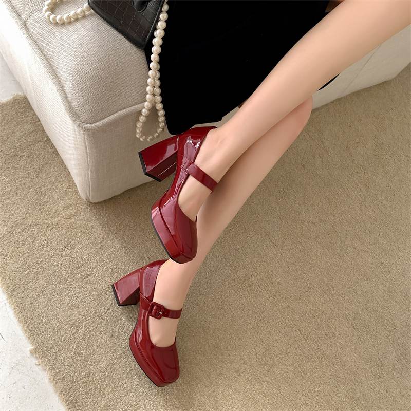 Krazing Pot PU Square Toe Super High Heels Summer Buckle Straps Shoes Big Size 43 Women Waterproof Pumps