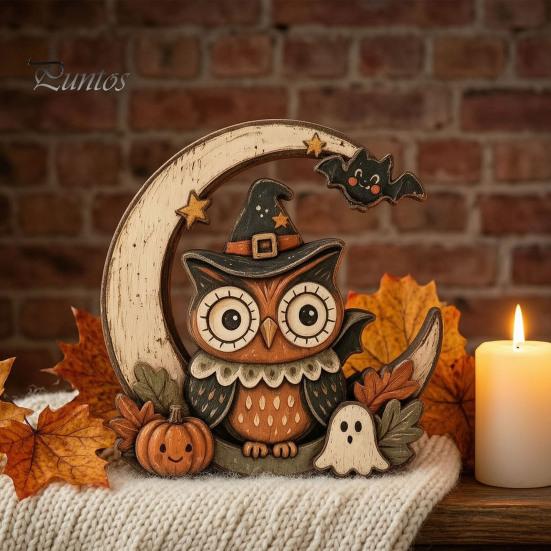 Vintage Fall Holiday Party Supplies Halloween Retro Pumpkin Witch Cat Ghost Figurines with Crescent Base, Spooky Rustic Tiered Tray Decor Wooden