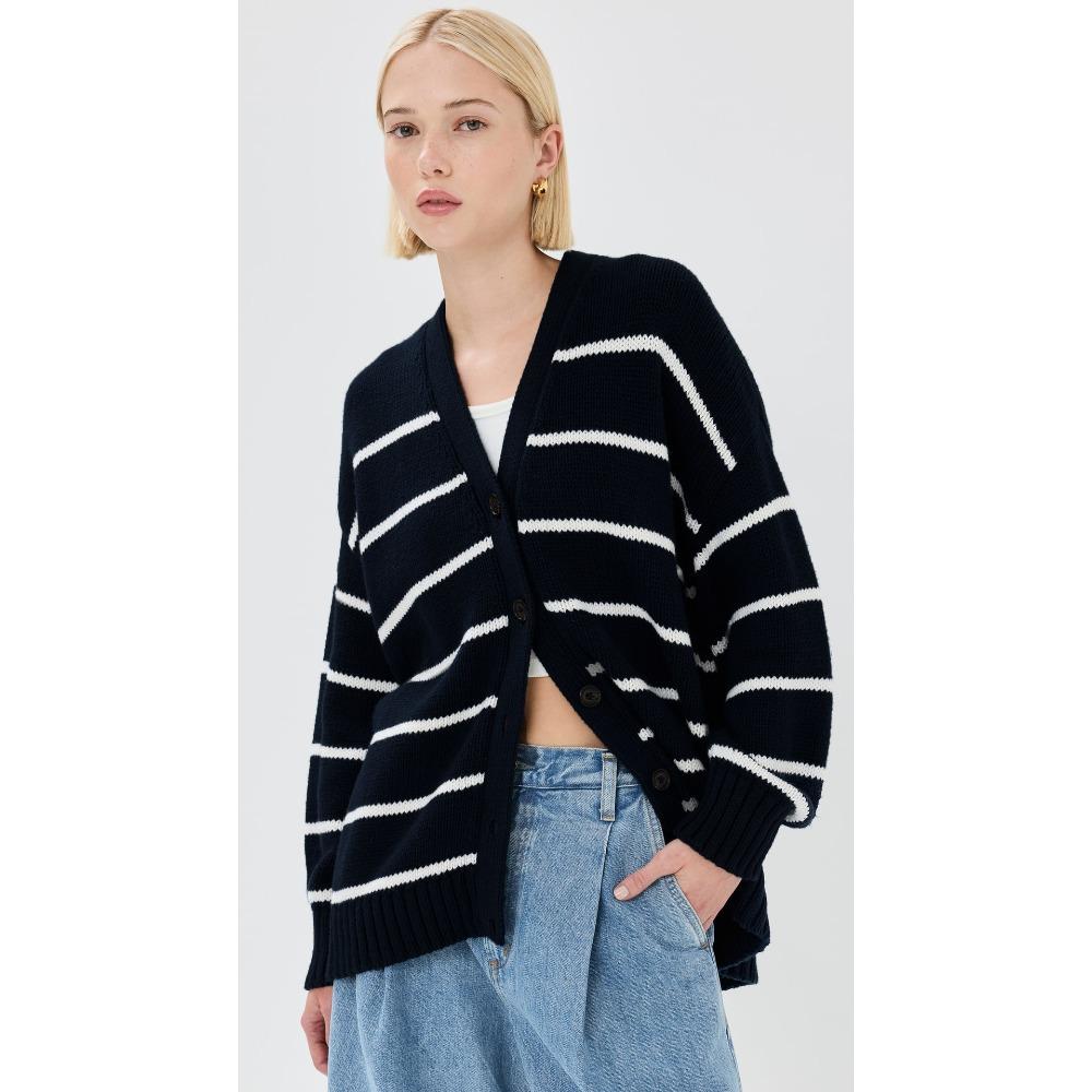 Vintage V-neck Black White Striped Knitted Cardigan Women's Autumn Winter Contrasting Colors Oversized Sweater Lazy Coats Women