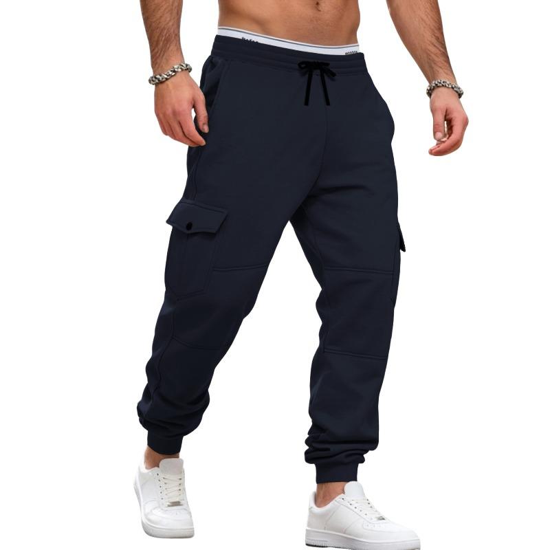 Autumn and Winter Fleece Men's Overalls Spliced Multi-pocket Drawstring Sports Casual Jogging Pants