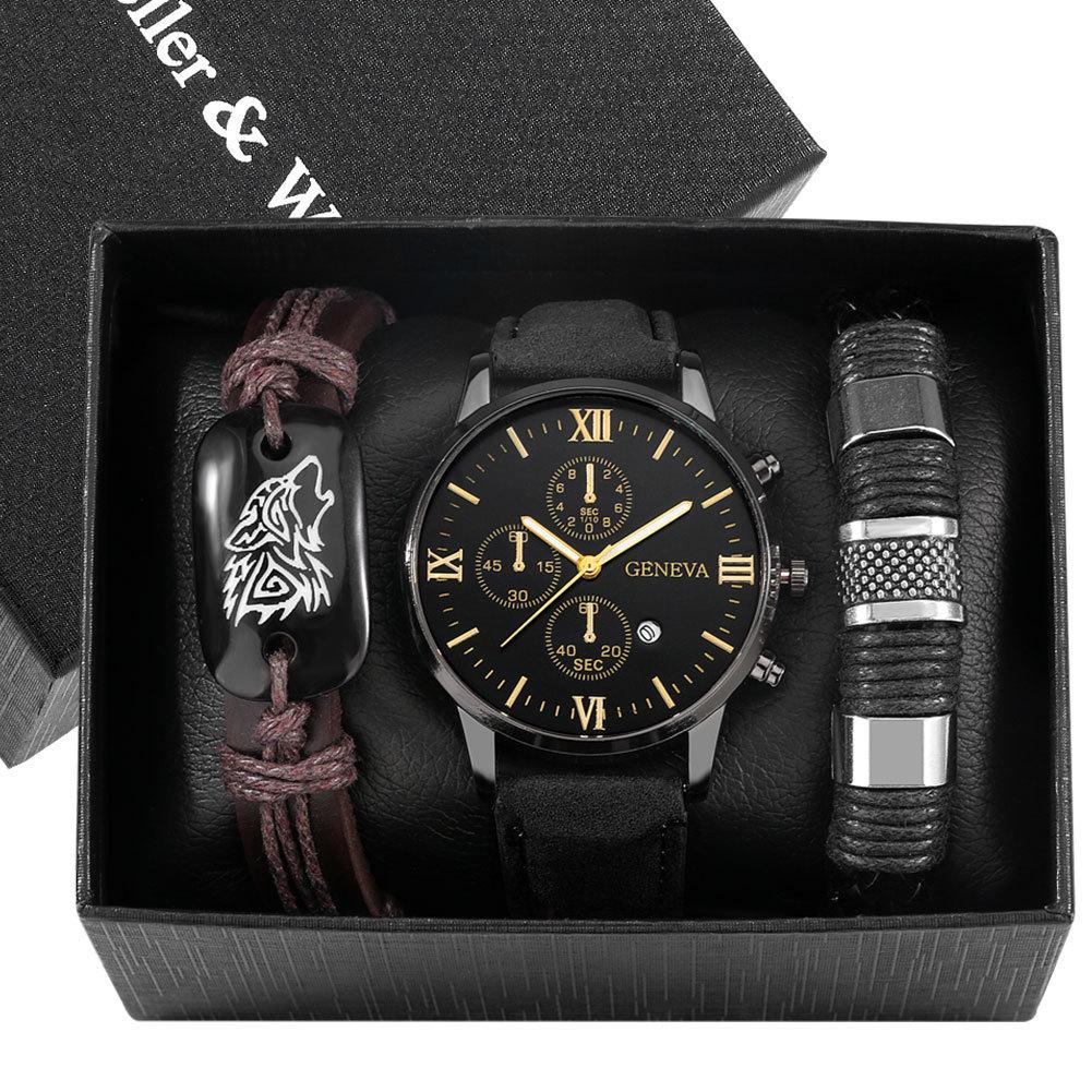 Luxury Men's Sports Casual 3Pcs/Set Quartz Wrist Watch Bracelet Business Fashion Jewelry Gift Alloy Case Leather Glass