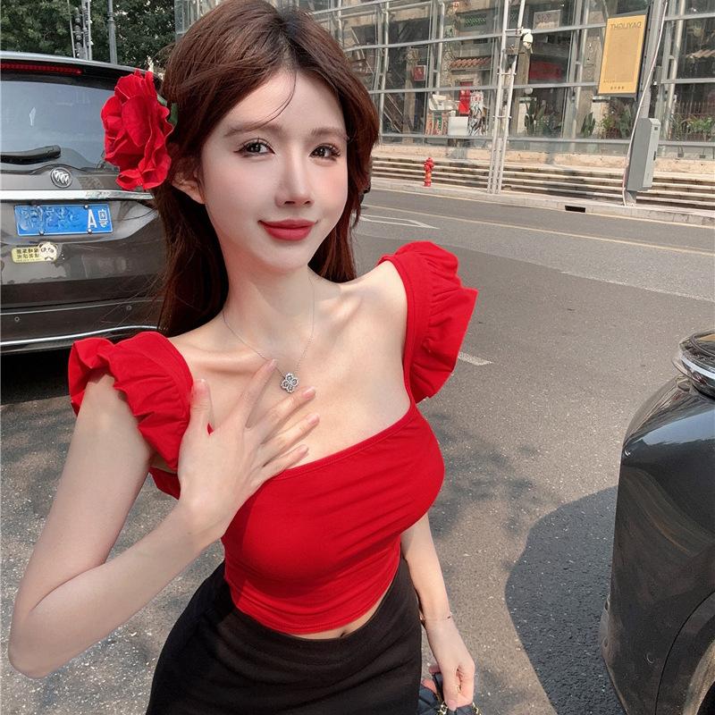 Summer New French Slim Fit and Thin Waist Square Neck Small Flying Sleeve T-shirt Spice Girl Pure Desire Sexy Top
