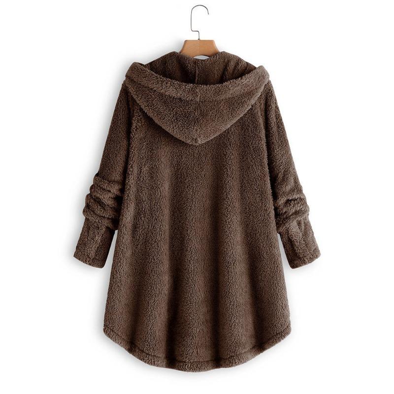 Women S Solid Color Hooded Button Plush Casual Coat