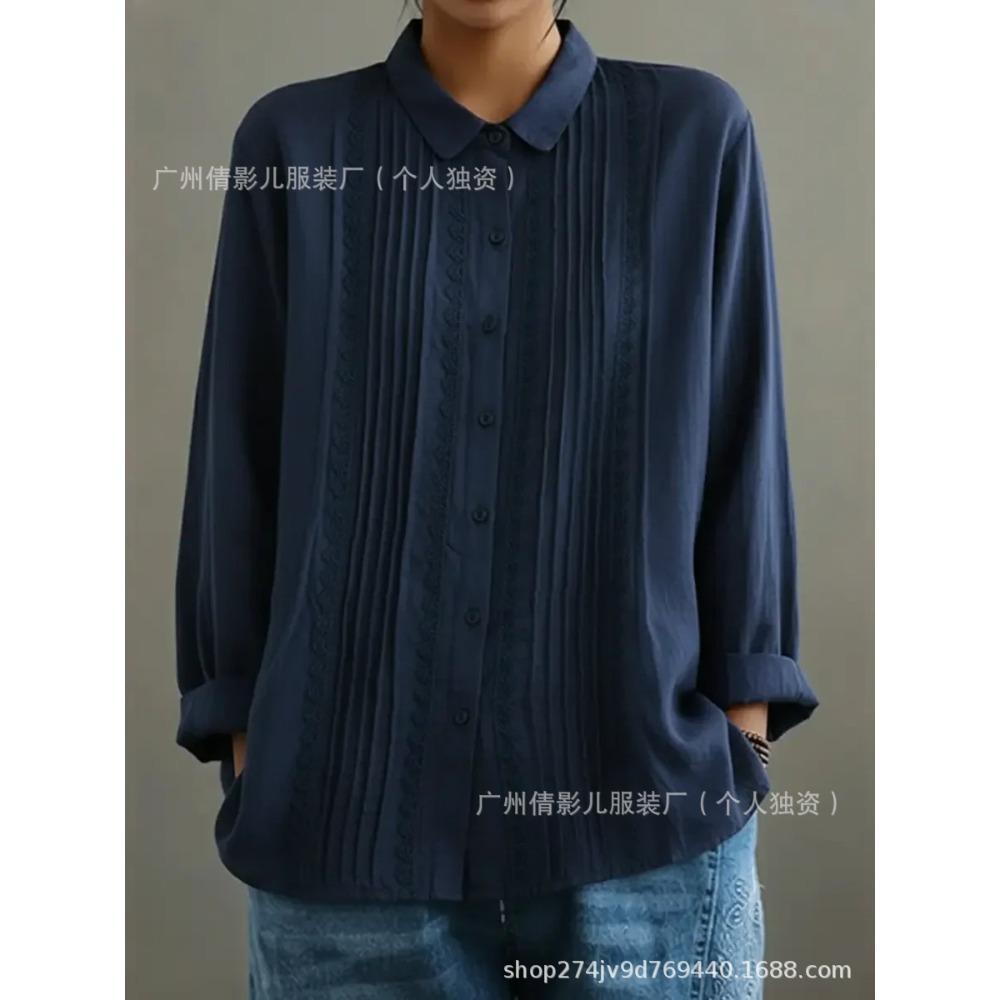 European and American Artistic Style Loose Striped Lace Trim Cotton-linen Long-sleeve Women's Shirt Top