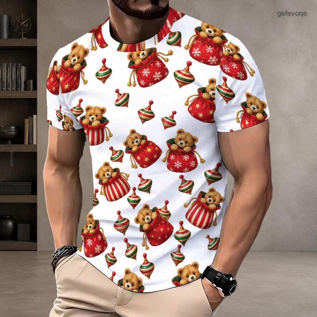 Men Plus Size Round Neck Short Sleeve T Shirt Christmas Teddy Bear Printed White Pullover
