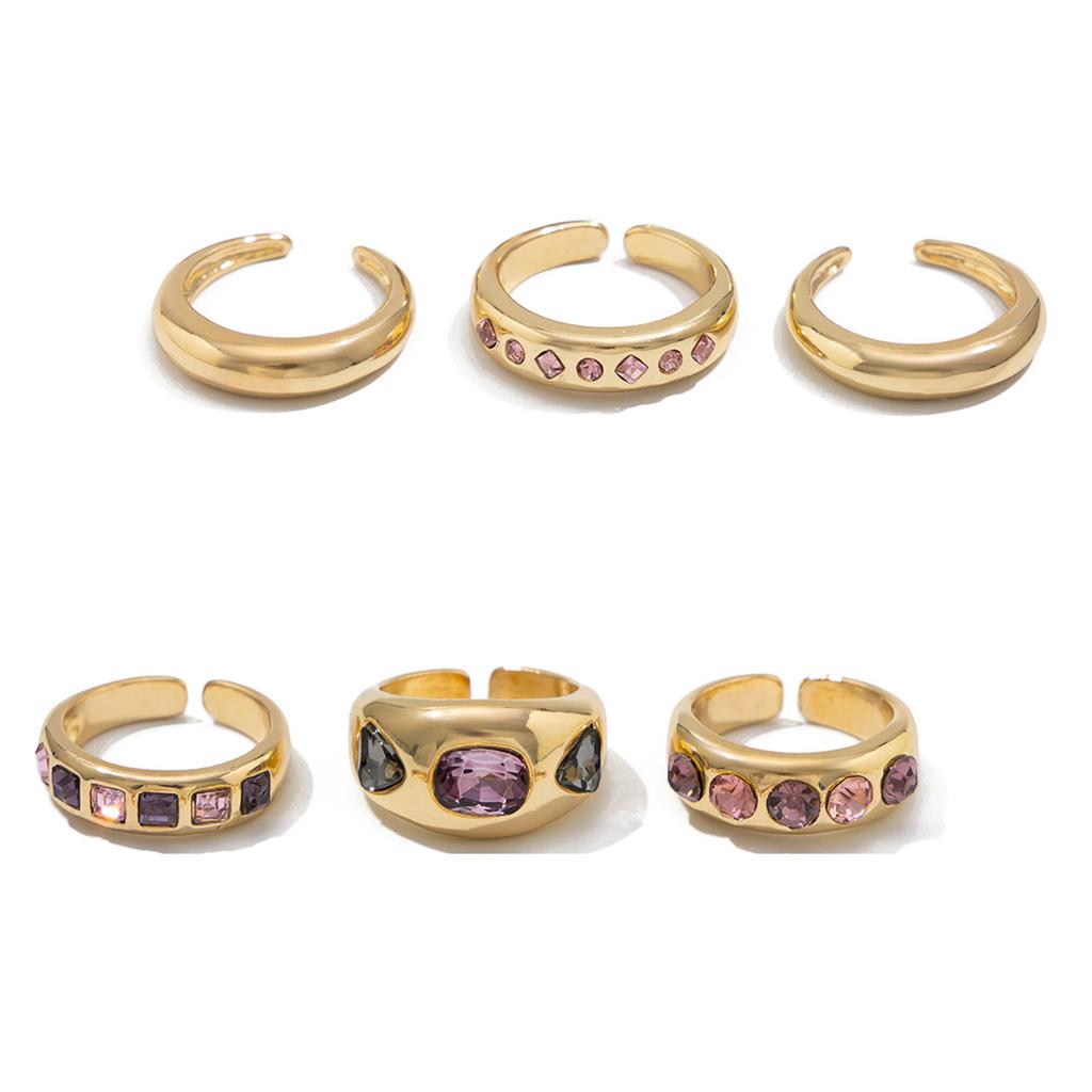 Gold Color Rhinestones Adjustable Opening Rings Inlaid Green Pink Stones Ring For Women 6 Piece Jewelry Gift Collection