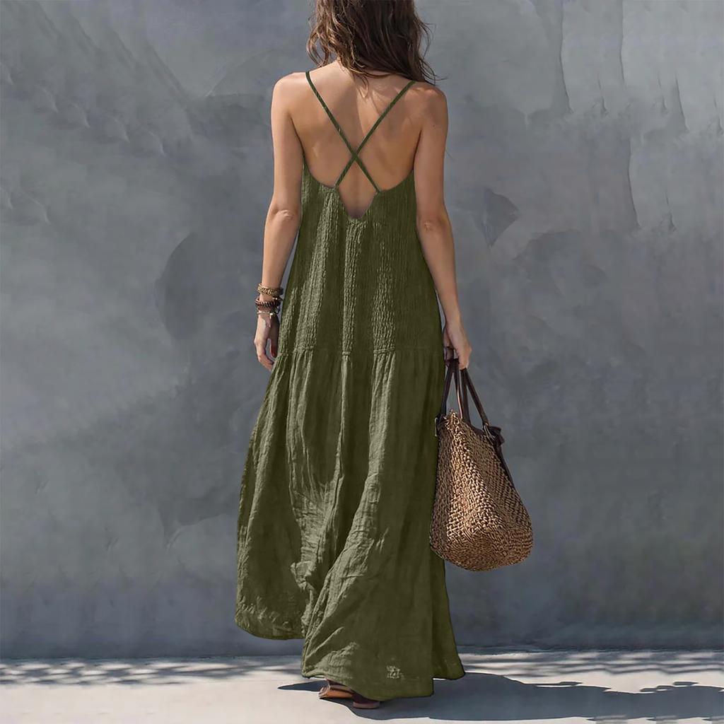 Bohemian Style Backless Ruched Maxi Sundress for Women Vacation Long Casual Dresses for Women Flowy Sleeveless Dresses for Women