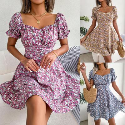 Women Spring Summer Temperament Square Collar Short Sleeve Lace Up Floral Dress S-XL