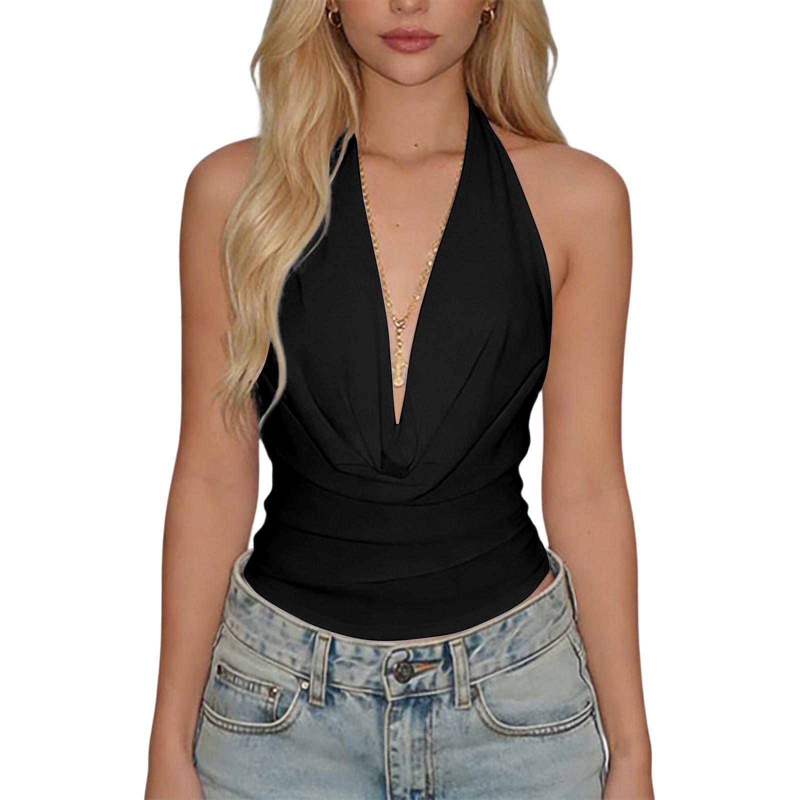 Women s Fashionable And Sexy Deep V Backless Neckband Top S чёрный