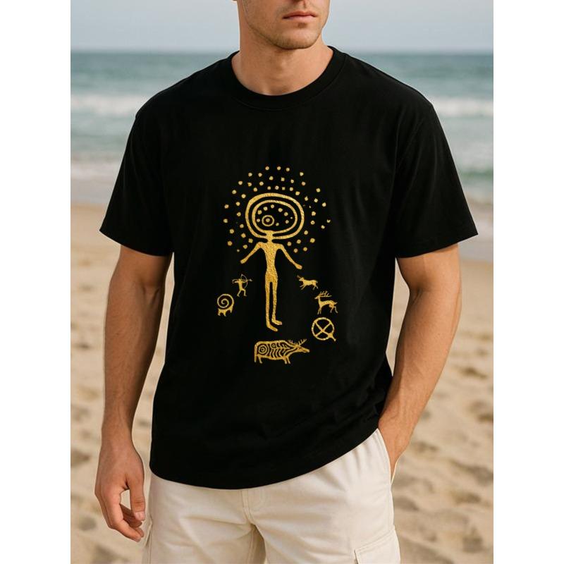 European sizes Golden Original Mural Pattern Retro Art Style Pure Printed T-shirt, Men's Clothing, Short-sleeved Top