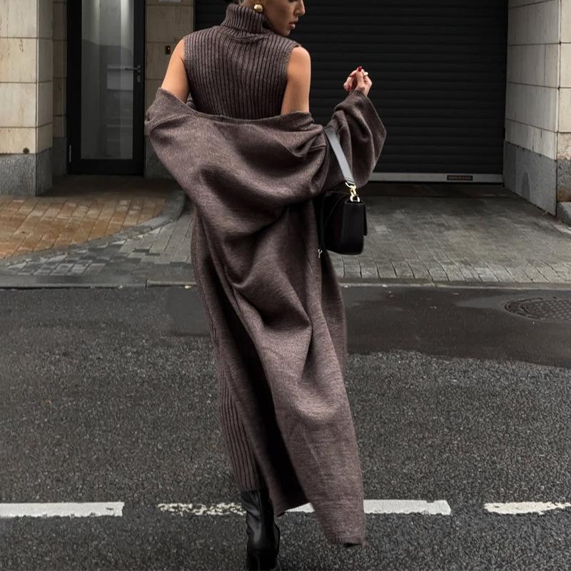 Autumn and Winter New Turtleneck Slim Fit Inside Long Skirt Cardigan Robe Jacket Sweater Set Women