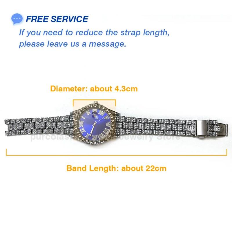 Personalized Hip Hop Watch with Shiny Rhinestones for Men Luxury Clock Band Length Iced Steel Belt 40mm Diameter Glass Dial