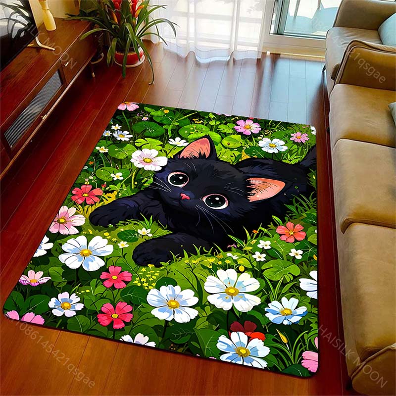 Multiple sizes Black cat and flowers Carpet for Living Room Bedroom Sofa Home Decor Rus Non-slip Floor Mat Luxury Gift