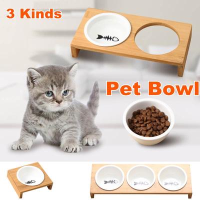 Cat Bowl Bamboo Ceramic Pet Dog Water Food Feeder Stand Bowls Pet
