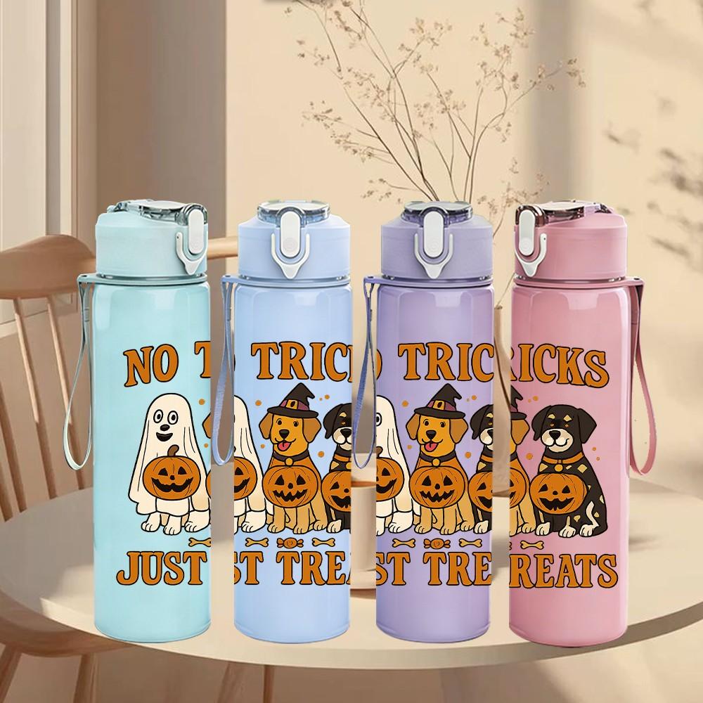 1PC No Tricks Just Treats Pumpkin 750ml Color Plastic Sports Water Bottle Leakproof Flip Straw Lid Suitable for Sports Office Home Use