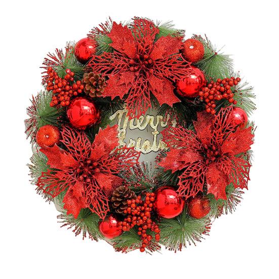 Christmas Wreath for Front Door Artificial Pine Needle Wreath with Balls Bows Flowers Merry Christmas Hanging Decor for Home Wall Window Porch Indoor