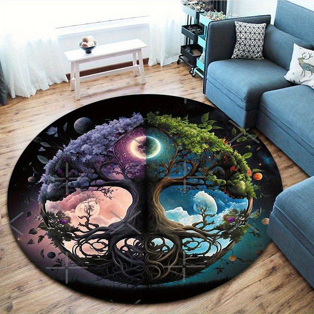 Round Tree of Life Themed Doormat - Soft Polyester Anti-Slip Floor Mat with Vibrant 2D Flat Print Design, Perfect for Home, Hote