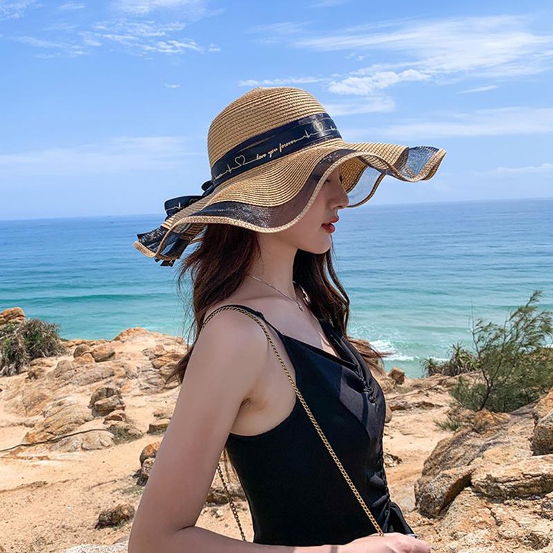 Fashion Flat-Topped Straw Hats Girls Wide Brim Sun Hat Outdoor Lace Bow Strap Lightweight Uv Protection Beach Cap
