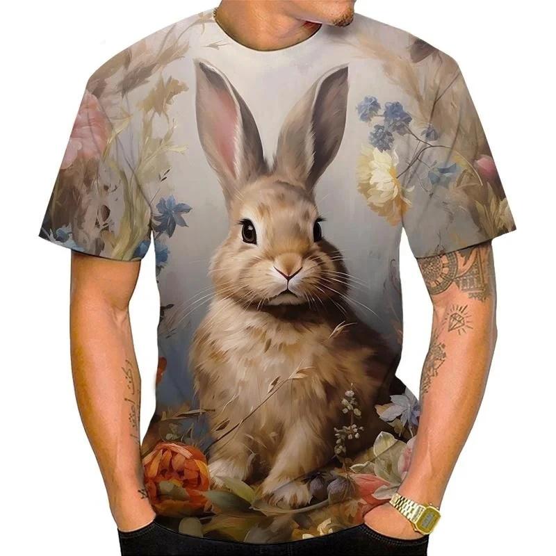 Cute Animal Rabbit Pattern T Shirt For Men Flower 3D Printed Tees Summer Casual Round Neck Tops Unisex T-Shirts Short Sleeves
