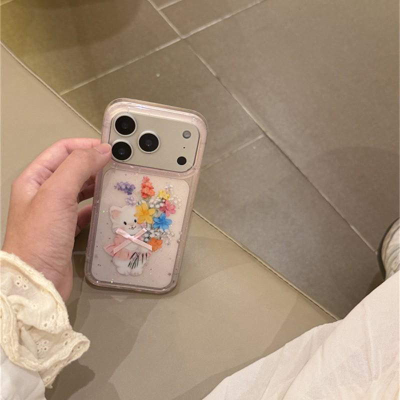High-End Light Pink Floral Cat Hand Strap for iPhone 17/16 Pro Max/15/14 Case