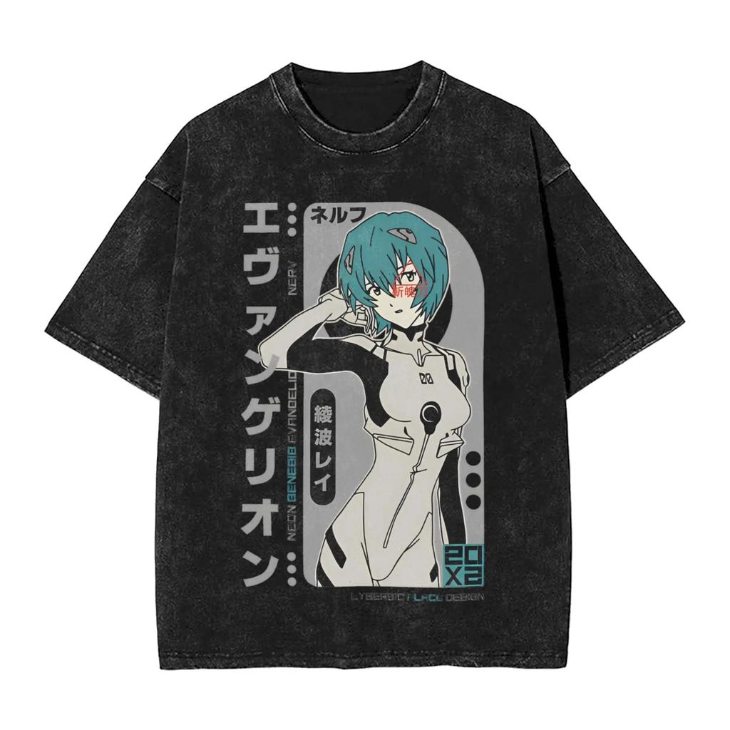 Hot Sale EVA Rei Ayanami Graphic Print T-shirt Men Women Vintage Washed Cotton Summer New Tee Streetwear Y2K Fashion Loose Casual Oversized Top