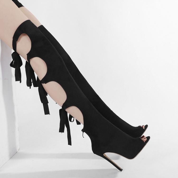 

Босоножки с рыбьим носом весна новая подиумный показ тонкий каблук бант высокий каблук полые длинные голенища крутые ботинки женские 42 чёрный