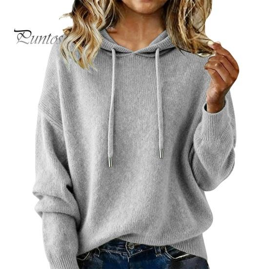 Hooded Tops Women Sweater Adjustable Drawstring Long Sleeve Knitting Casual Loose Fit Solid Color Pullover Knitwear Daily Wear Breathable