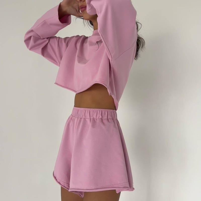 

Женский серый повседневный комплект с худи с коротким рукавом и шортами, одежда для дома, удобный комплект из двух предметов L розовый