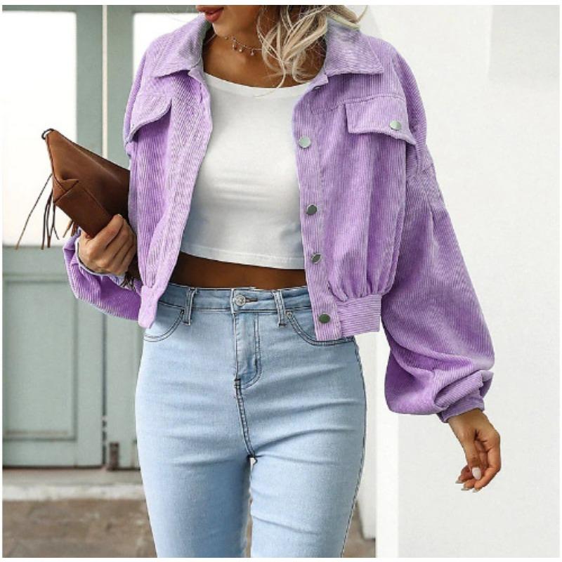 Podzim a zima ležérní klopa Styl BF Manšestrová bunda Lucerna rukáv Jednořadý Krátký kabát Dámské Elegantní Jednobarevné Nový styl