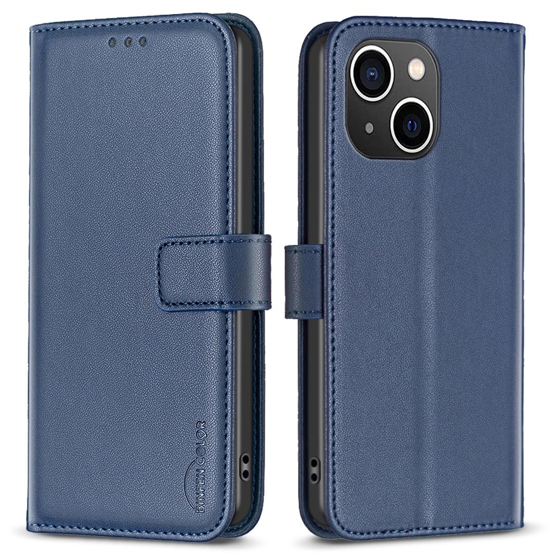 

BINFEN COLOR BF17 For iPhone 13/14 Anti-Scratch Wallet Leather Phone Cover Stand Magnetic Closure Phone Case Blue