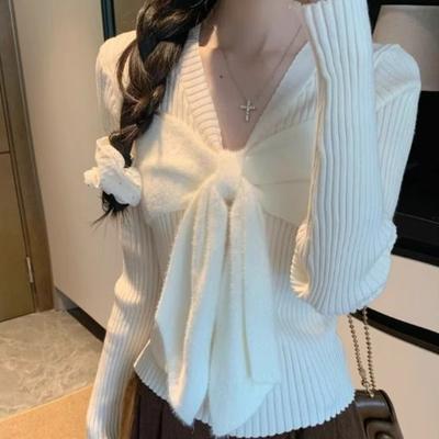 Women's Autumn & Winter Korean Style White Long Sleeve Knit Base Layer Sweet Spicy Girl Bow Sweater Slim-Fit Inner Wear Short Top