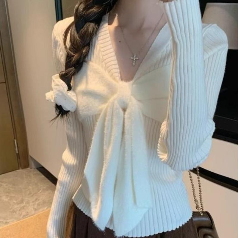 Women's Autumn & Winter Korean Style White Long Sleeve Knit Base Layer Sweet Spicy Girl Bow Sweater Slim-Fit Inner Wear Short Top