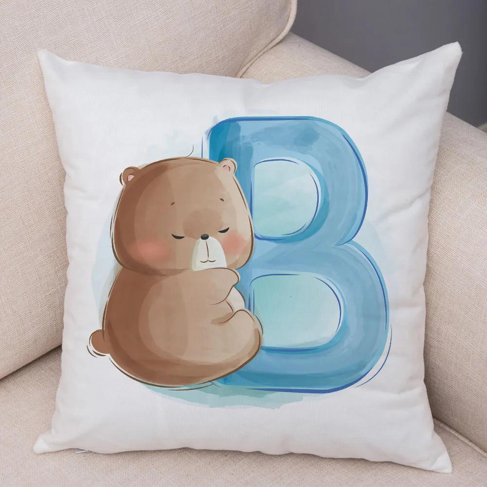Cute Cartoon Animal Cushion Cover for Children Room Water Color English Letter Print Pillow Case Short Plush Pillowcase 45x45cm