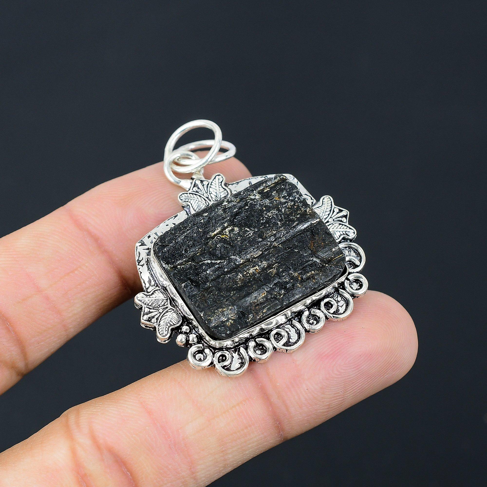 

Natural Black Tourmaline Rough Gemstone Pendant 925 Sterling Silver For Women