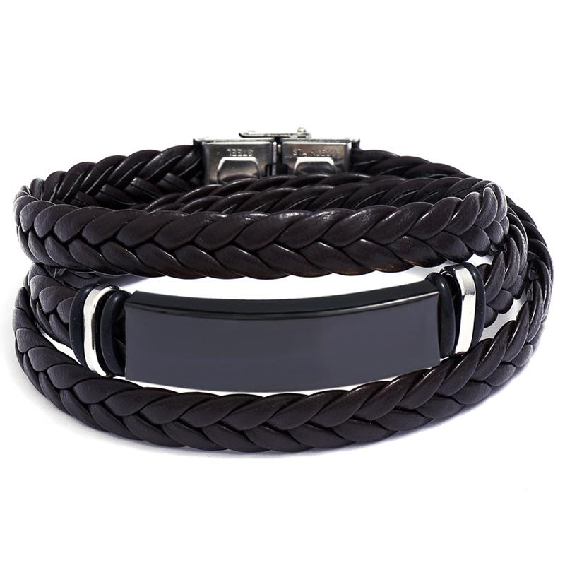Simple And Stylish Stainless Steel Woven Leather Bracelet, Titanium Steel Smooth Multi-Layer Men'S Leather Bracelet