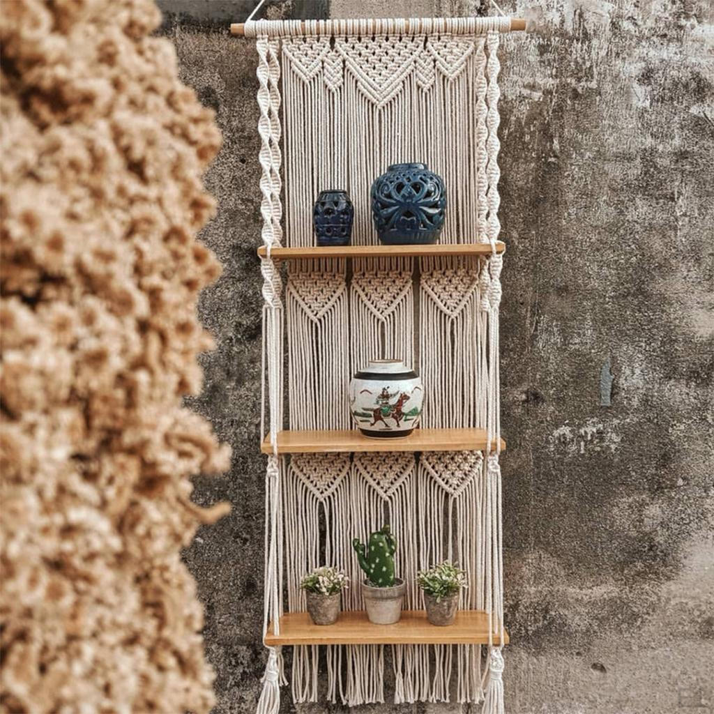 Macrame Wall Hanging Shelf Floating Shelf, Bohemian Decor, 3 Tiers Woven Shelves for Bathroom Plants