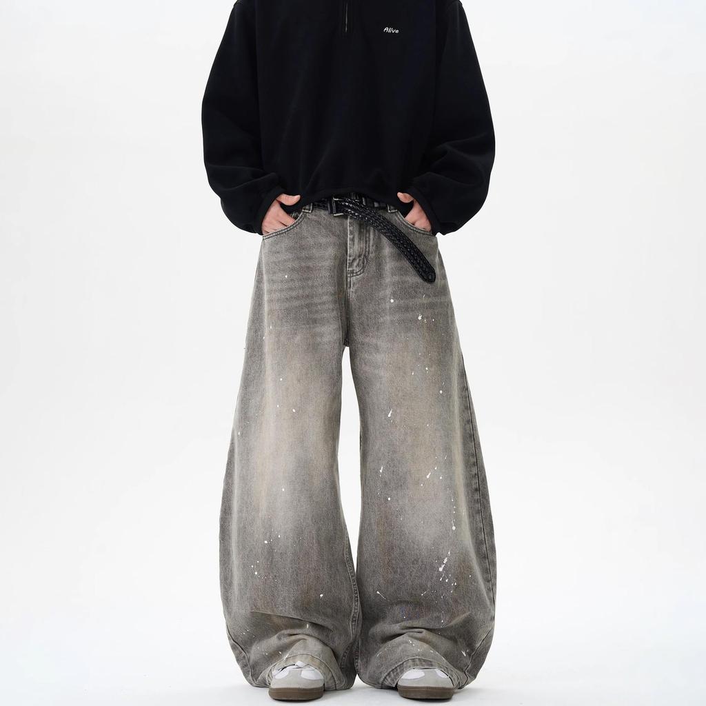 Unisex Retro Distressed Grey Splatter Paint Jeans - American Street Style